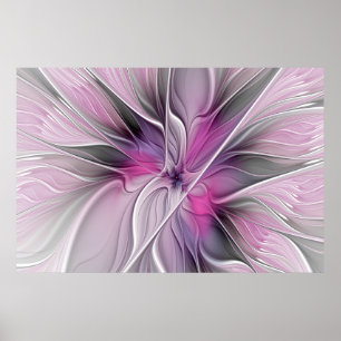 Bloemige Fractale Moderne Abstracte Bloem Roze Gri Poster
