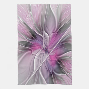 Bloemige Fractale Moderne Abstracte Bloem Roze Gri Theedoek