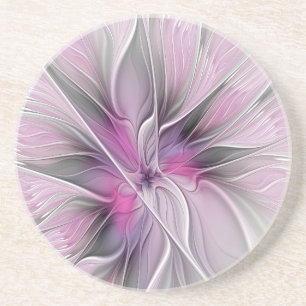 Bloemige Fractale Moderne Abstracte Bloem Roze Gri Zandsteen Onderzetter