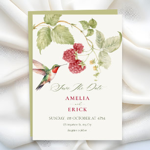 Bloemige frambozen kolibrie bruiloft save the date