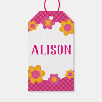 Bloemige fuchsia ruit meisjesnaam cadeaulabel