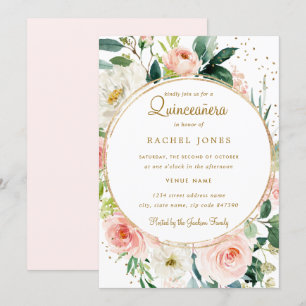Bloemige Geometrische Blush Gouden Quinceanera Uit Kaart