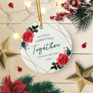 Bloemige Geometrische Onze Eerste Kerstmis Samen Keramisch Ornament