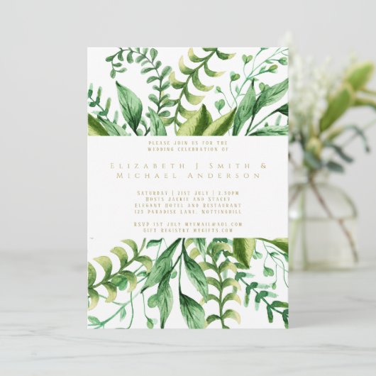 Bloemige groene bladeren moderne trouw uitnodiging (Staand voorkant)