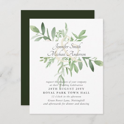 Bloemige groene bladeren moderne trouw uitnodiging (Voorkant / Achterkant)