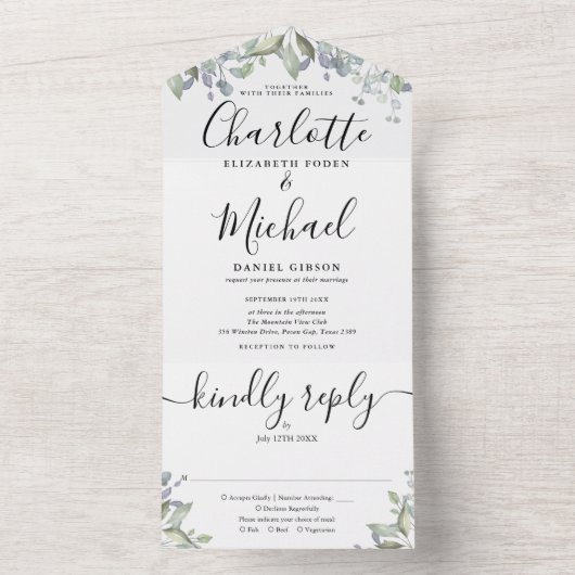 Bloemige groene script monogram bruiloft all in one uitnodiging (Binnen)