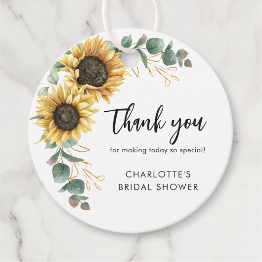 Bloemige Groene Zonnebloem Script Bruidsdouche Bedankjes Labels (Voorkant)