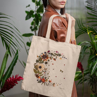 Bloemige Halve Maan l Gedrukt Bloemwerk Kunstwerk Tote Bag