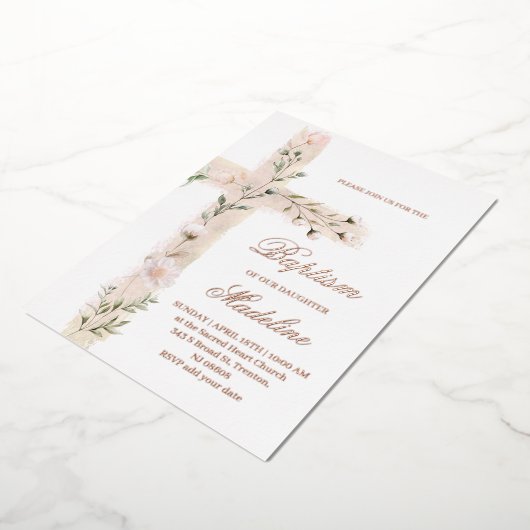 bloemige Heilige kruis Doop Folie Uitnodiging (Gedraaid)