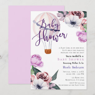 Bloemige hete luchtballon baby shower lavendel paa kaart