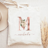 Bloemige Ivoren Roze Gouden Monogram Letter M Tote Bag