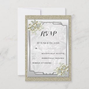 Bloemige Juweel Omlijst, Goud & Zilver Huwelijks R RSVP Kaartje