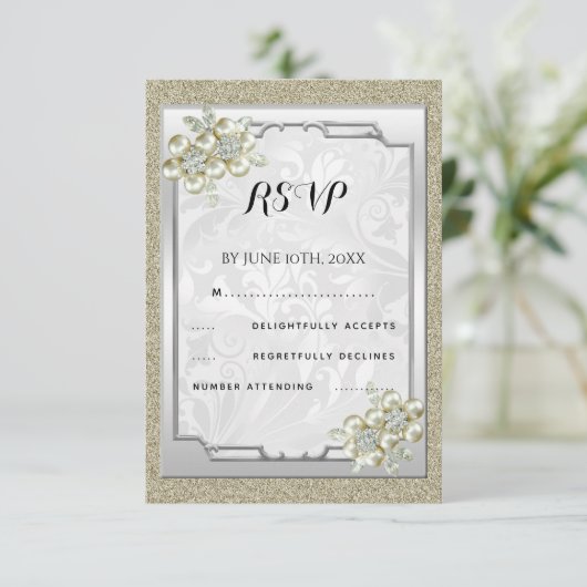 Bloemige juweel omlijst, gouden en zilveren trouw- RSVP kaartje (Staand voorkant)