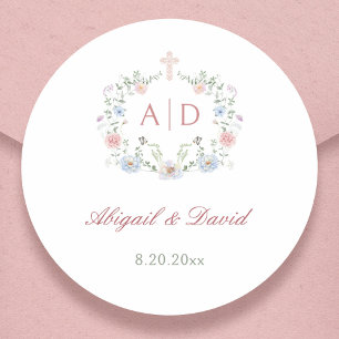 Bloemige kader religieuze huwelijksmonogrammen ronde sticker