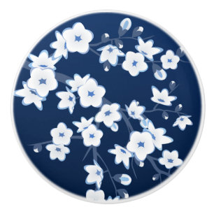 Bloemige Kersenbloesem Marineblauw Wit Keramische Knop