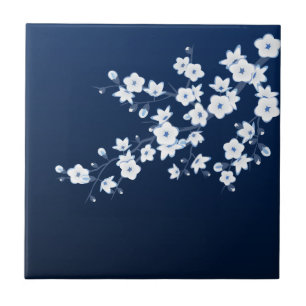 Bloemige Kersenbloesem Navyblauw Wit Tegeltje