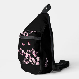 Bloemige Kersenbloesem Zwart Roze Monogram Sling Bag