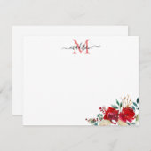 Bloemige Kerst Rode Bessen Hulst Monogram Notitiekaartje (Voorkant / Achterkant)