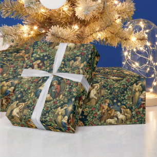Bloemige kerststal op middernachtblauw cadeaupapier