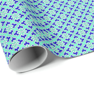 Bloemige kimono-afdruk, kobalt en aqua cadeaupapier