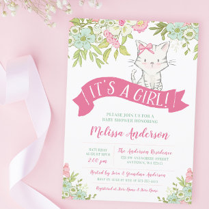 Bloemige Kitty Meisje Baby Shower Kaart