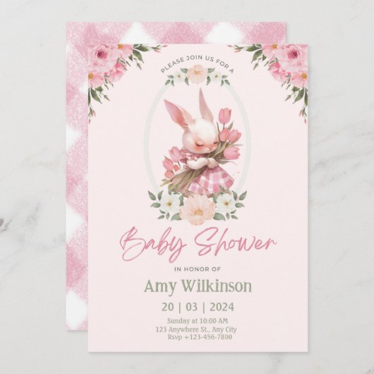 Bloemige Konijn Baby Shower Uitnodiging Preppy (Voorkant / Achterkant)