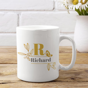 Bloemige laurier beginletter monogram naam koffie koffiemok