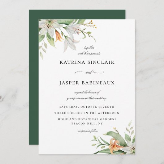 Bloemige Lelie Bruiloft Kaart (Voorkant / Achterkant)