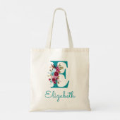 Bloemige Letter E Script Monogram Teal Roze Tote Bag (Achterkant)