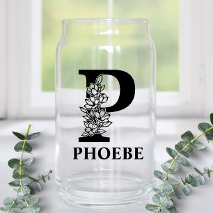 Bloemige Letter P Monogram en Gepersonaliseerde Na Blikvorm Glas