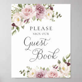 Bloemige Mauve Blush Elegant Trouwgastenboek Poster