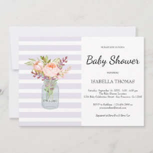 Bloemige Metselpot Paarse Strepen Baby Shower Kaart
