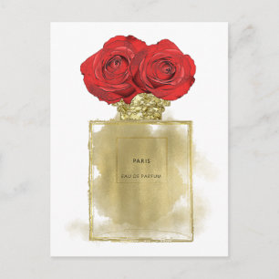 Bloemige Mode Parfumfles Rode Rozen Gouden Glamour Briefkaart