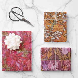 Bloemige Mucha Rood Oranje Paarse Irissen Vintage  Inpakpapier Vel