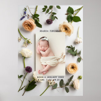 Bloemige Nieuwe Baby Naam Geboorte Stats Foto  Poster