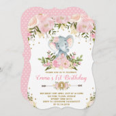 Bloemige Olifant Verjaardagsuitnodiging Roze & Gou Kaart (Voorkant / Achterkant)