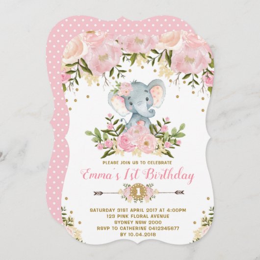 Bloemige Olifant Verjaardagsuitnodiging Roze & Gou Kaart (Voorkant / Achterkant)