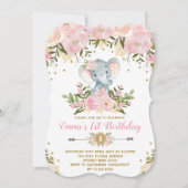 Bloemige Olifant Verjaardagsuitnodiging Roze & Gou Kaart (Voorkant)