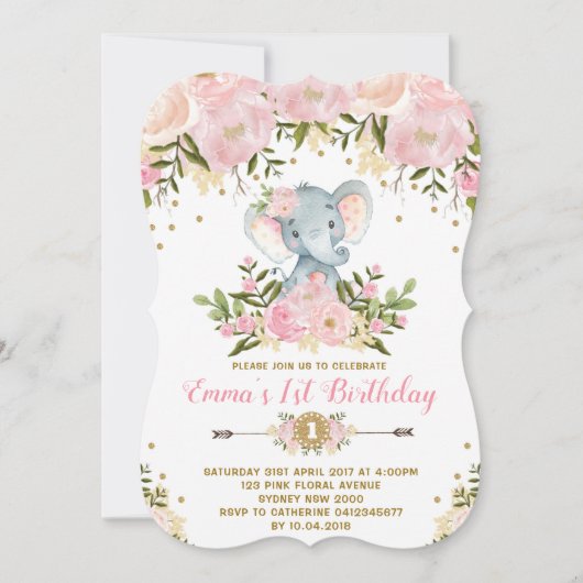 Bloemige Olifant Verjaardagsuitnodiging Roze & Gou Kaart (Voorkant)