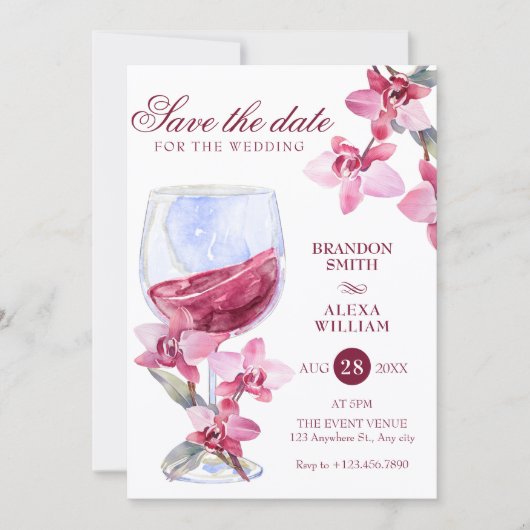 Bloemige orchidee wijn aquarel bruiloft save the date (Voorkant)