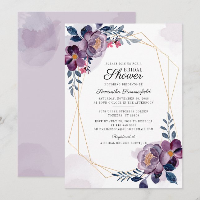 Bloemige Paarse Blush Botanische Script Bruidsdouc (Voorkant / Achterkant)