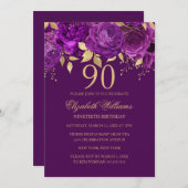 Bloemige paarse gouden roos 90ste verjaardag kaart (Voorkant / Achterkant)