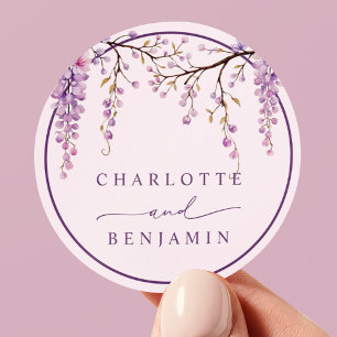 Bloemige paarse Wisteria-takken bruiloft Ronde Sticker