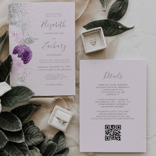 Bloemige Paarse Zilveren Glitter Lila QR Code Trou Kaart