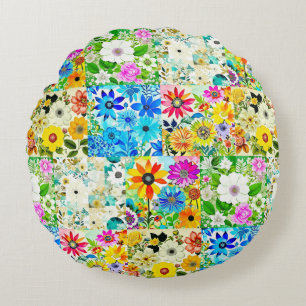 Bloemige Patchwork Kunst Watercolor Bloemen Rond Kussen