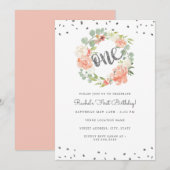 Bloemige Perzik Zilveren Eén Krans Eerste Verjaard Kaart (Voorkant / Achterkant)