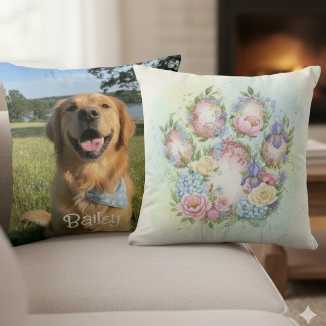 Bloemige Pootafdruk Huisdier Voorstander Ontwerp Kussen (Watercolor botanical floral pet photo pillow)