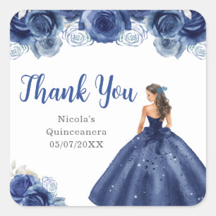 Bloemige Prinses in Marineblauwe Jurk Quinceanera Vierkante Sticker