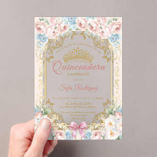 Bloemige quinceañera uitnodiging met elegante kroo acryl uitnodigingen