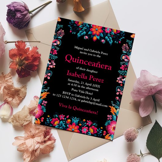 Bloemige Quinceanera Zwarte Mexicaanse Verjaardags Briefkaart